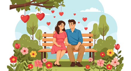 Couple in Love Sitting on Bench Surrounded by Hearts and Flowers.