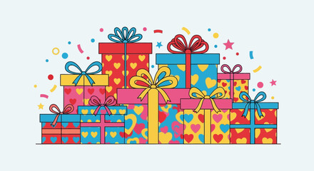 Colorful Stack of Gift Boxes with Ribbons and Confetti.
