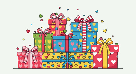 Colorful Stack of Gift Boxes with Ribbons and Hearts.
