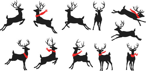 Christmas reindeer silhouette collection wearing red scarf, festive winter deer vector set, holiday wildlife illustration for seasonal decoration design