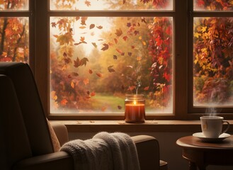 Cozy autumn scene with falling leaves outside a window, a lit candle, and a warm drink.