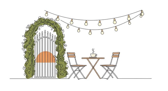 Enchanting garden gate with bistro seating and string lights for a romantic, cozy outdoor escape perfect for relaxation and intimate gatherings