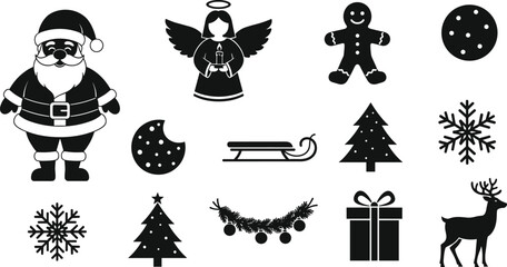 Christmas vector silhouettes of Santa Claus, reindeer, angel, tree, snowflake, cookie, gingerbread man, and gift box festive icons