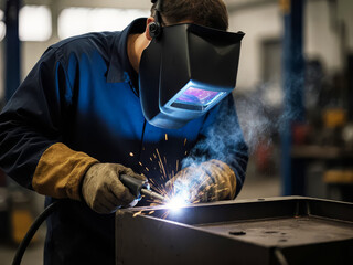 Person performing welding with protective helmet and gloves&mdash;bright sparks visible during active metalwork process in industrial workshop with blurred background.