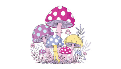 Fototapeta premium A whimsical collection of colorful, polkadotted mushrooms with delicate flowers and foliage, isolated on a