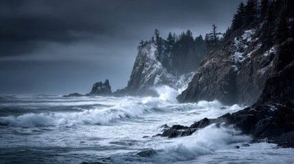 Obraz premium A dramatic coastal scene with crashing waves, dark cliffs, and overcast skies, evoking a sense of mystery and awe.