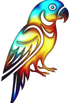 Cute colorful cartoon vector illustration of a blue and yellow macaw parrot with beak on a tropical branch isolated on white