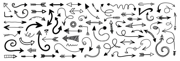 Hand-drawn arrow set featuring curved, straight, dotted, and swirled designs. creative vector collection for presentations, info graphics, decorative layouts, and artistic graphic design projects.
