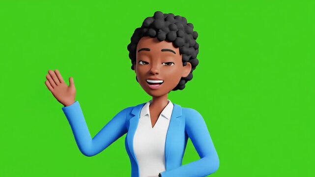 Animated African American Businesswoman Character Waving and Presenting on Green Screen.