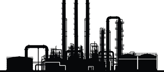 Industrial facility silhouette—refinery with distillation towers, pipes, tanks, and platforms, black vector illustration of chemical plant infrastructure 