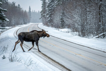 moose crossing a snowy road in a