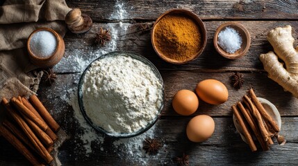 Rustic baking ingredients on wooden table with eggs, flour, spices, and ginger