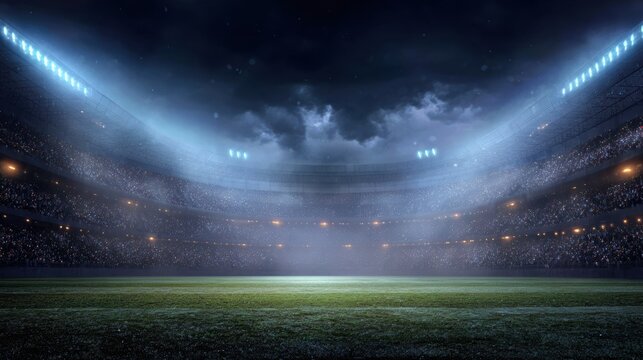 A dramatic view of a sports stadium illuminated by floodlights, creating an atmosphere of excitement and anticipation.