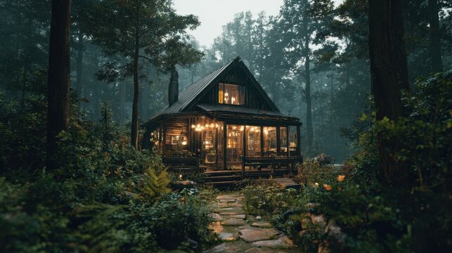 Rustic cabin in dense forest with warm interior lights at dusk - Powered by Adobe