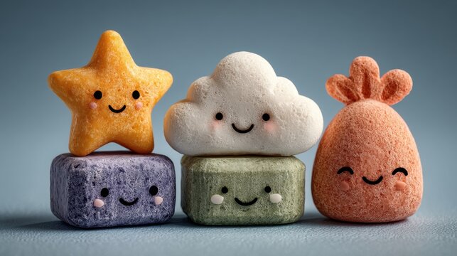 Cute smiling star, cloud, and shapes with faces on blue background