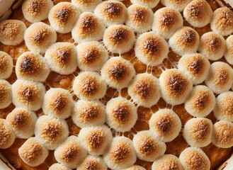 Close-up view of a sweet potato casserole topped with toasted marshmallows.