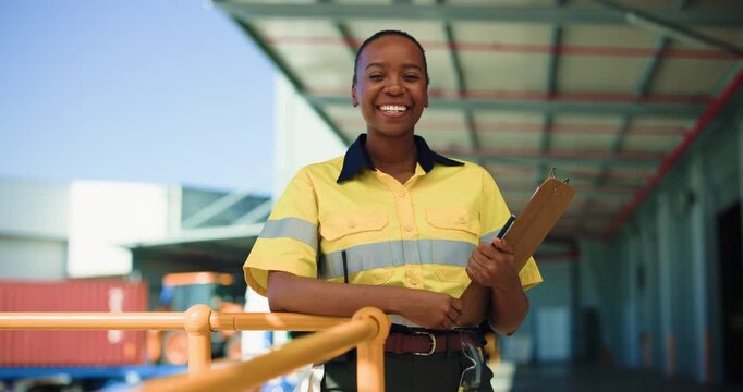 Face, black woman and clipboard at warehouse outdoor with career pride, about us and logistics. Portrait, female person and checklist for courier services, delivery schedule and supply chain shipping