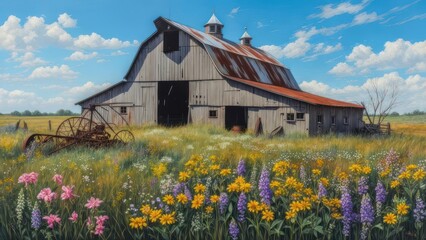 Rustic barn in a vibrant meadow
