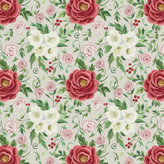 Watercolor beautiful rose flower and green leaf pattern
