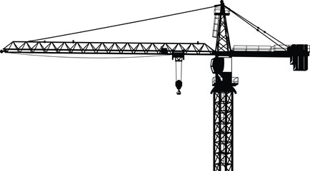 Tower crane icon vector—industrial silhouette with mast, jib, hook, and counterweight for construction and engineering compositions