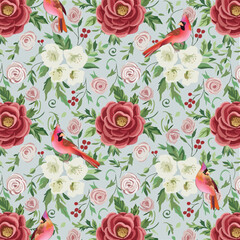 Watercolor cardinal bird and rose flower on blue background