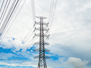 High voltage electric pole power line electric transmission tower background, technology energy clean ecosystem change green environment, substation construction pylon generator grid electricity.