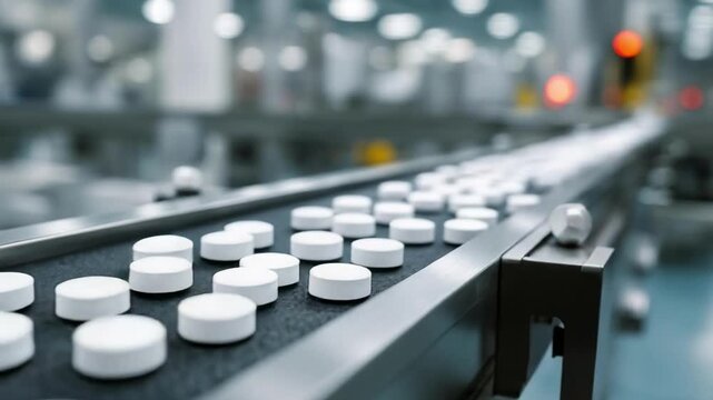 White pills on a conveyor belt in a pharmaceutical manufacturing line.