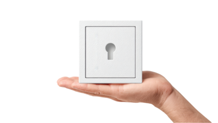 Hand Holding White Cube with Keyhole on Isolated Background