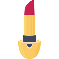 Gold Colored Lipstick Tube with Pink Red Colored Bullet Shape and Blue Grey Accent on a White Background