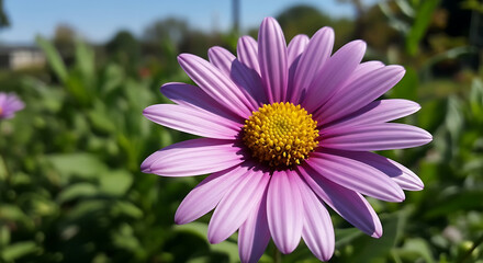 Obraz premium Close up of a purple flower with a yellow center in a garden on a sunny day time