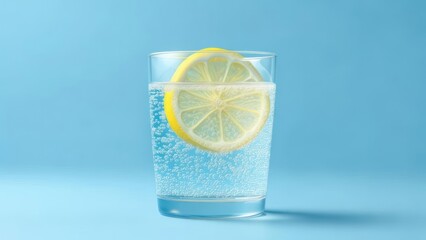 Refreshing glass of sparkling water with lemon slice