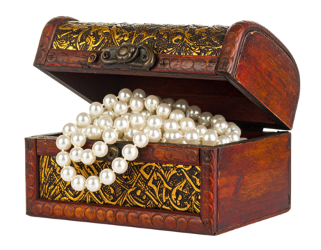 Vintage Brown Jewelry Chest Filled with Pearls and Gold Details isolated on transparent background