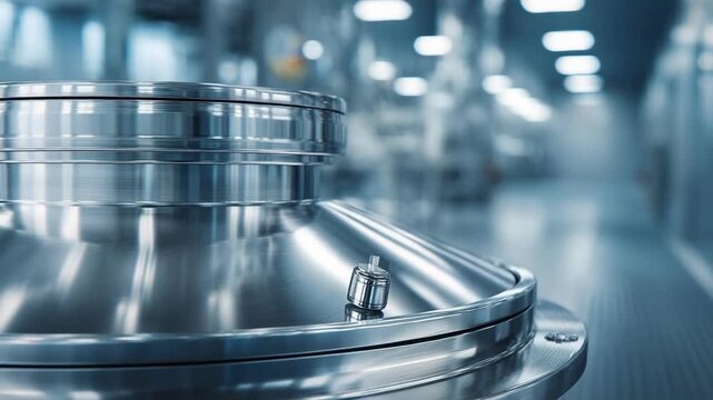 Close-up of a shiny stainless steel industrial fermentation tank in a bright, modern facility.