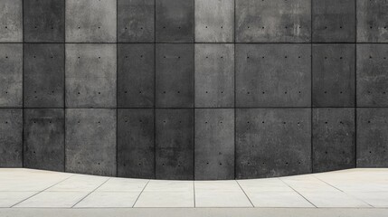 A gray concrete wall with a grid pattern and small holes.