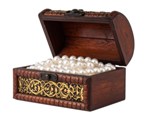 Ornate Wooden Jewelry Box with Gold Embellishments and Pearls isolated on transparent background