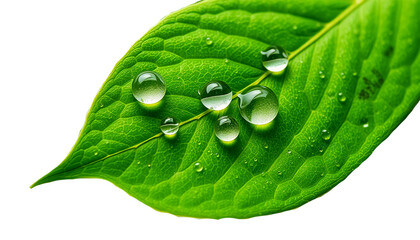 fresh green leaf with clear water droplets, soft lighting, clean natural aesthetic, isolated on transparent background.
