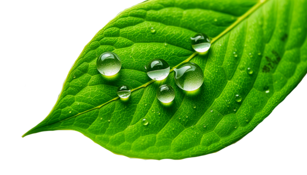 fresh green leaf with clear water droplets, soft lighting, clean natural aesthetic, isolated on transparent background.
