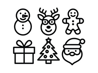 Fototapeta premium A collection of six simple Christmas icons including a snowman, reindeer, gingerbread man, gift, tree, and Santa.