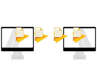 Two computers with flying paper plane carrying file icon between them. Symbol of file transfer, data exchange, and digital communication.