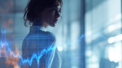 A focused professional analyzing data trends in a modern office environment with a digital overlay.