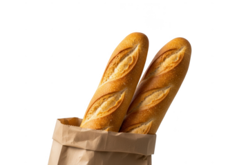 Two golden brown baguettes in a paper bag isolated on transparent background