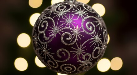 Close-up of a purple Christmas ornament with intricate silver glitter designs, illuminated by warm bokeh lights.