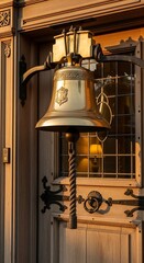 Obraz premium Ornate Brass Bell Mounted on Wooden Door Frame.