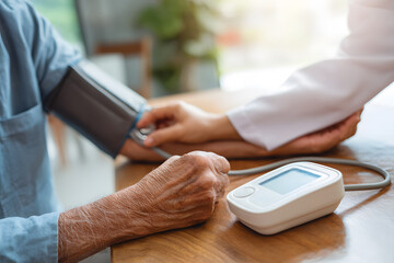 Elderly man getting blood pressure checked by healthcare professional in a clinic setting