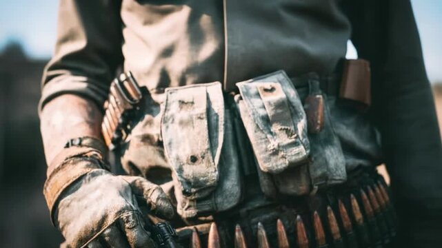 A heavily armed soldier in tactical gear with ammo pouches and a belt of bullets, gripping a handgun.
