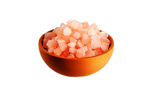 wooden bowl filled with pink Himalayan salt, natural texture, warm light reflection, spa aesthetic, isolated on transparent background.

