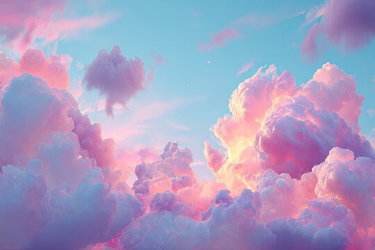 Pink and blue fluffy clouds in a serene, colorful sky