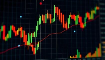 A vibrant financial chart displays fluctuating market trends, with green and red bars indicating gains and losses.
