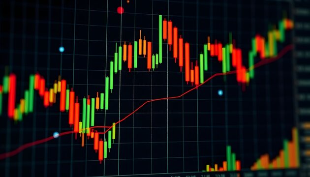 A vibrant financial chart displays fluctuating market trends, with green and red bars indicating gains and losses.