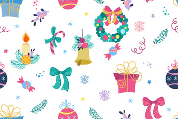 Seamless pattern. A cute pattern of hand-drawn Christmas tree ornaments, wreaths, candies, and candles. Vector